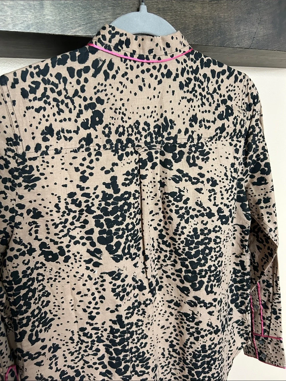 J. Crew Tan and Black Leopard Print Shirt with Pink Trim